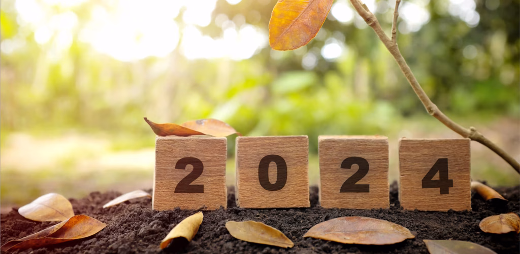 Soft golden light behind wooden blocks spelling out "2024".